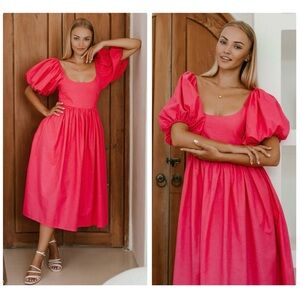 NWT Hand Made Bali ELF Cherie Puff Sleeve Midi Dress in Magenta